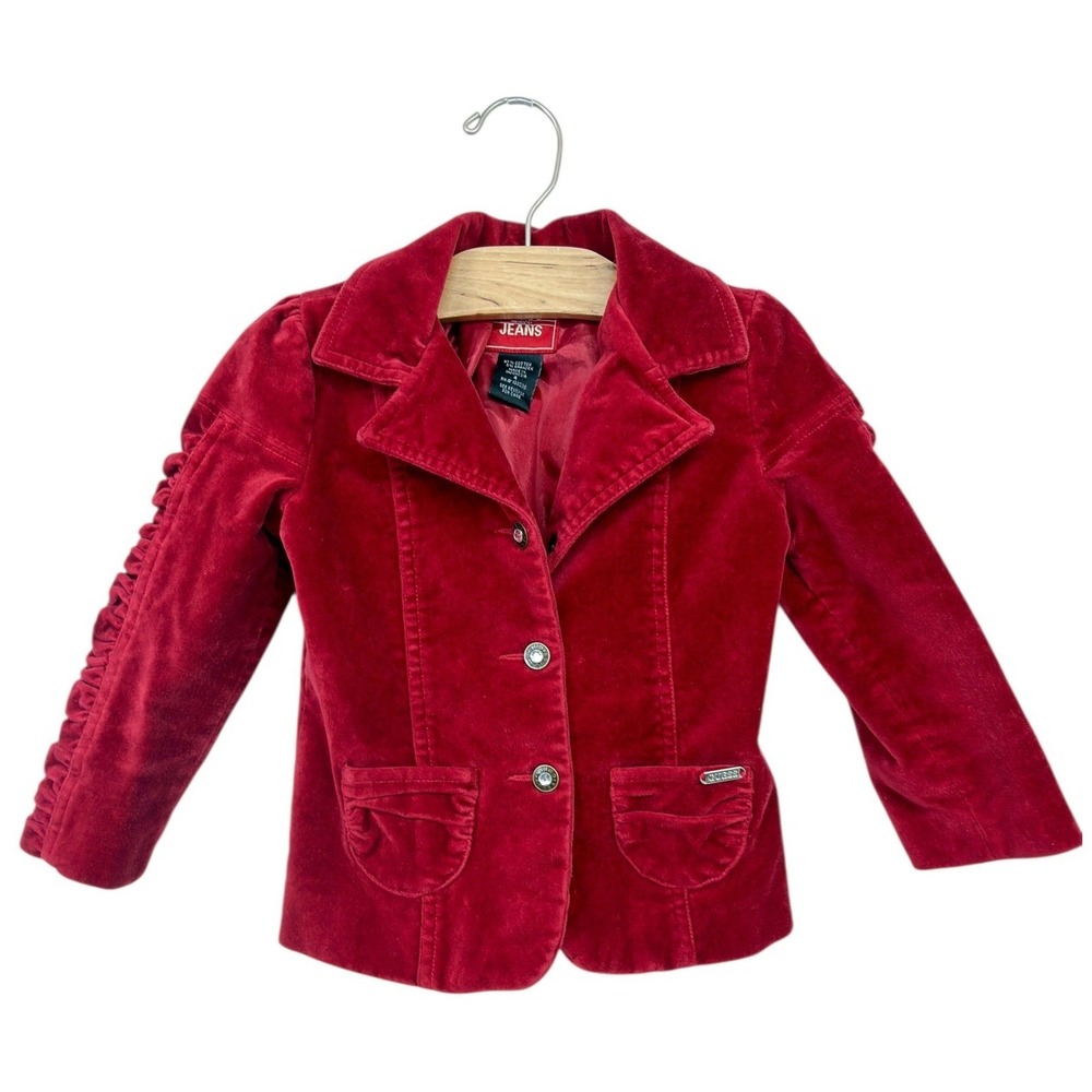 Guess Kids Y2K Red Velour Blazer Jacket Girls Size 4‎ Ruched Sleeve